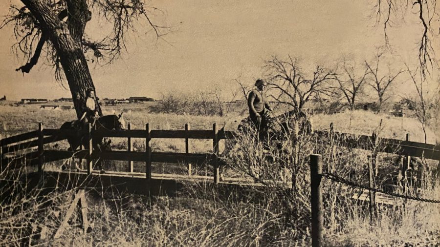 Horseback riders on a bridge over the Highline Canal