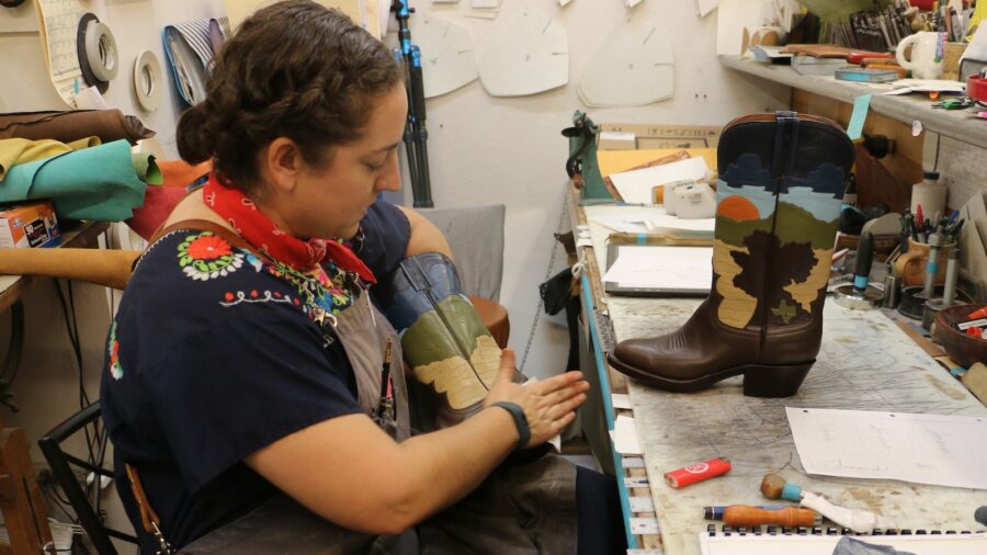 Morgan Buckert making her custom boots. Photograph courtesy of Morgan Buckert